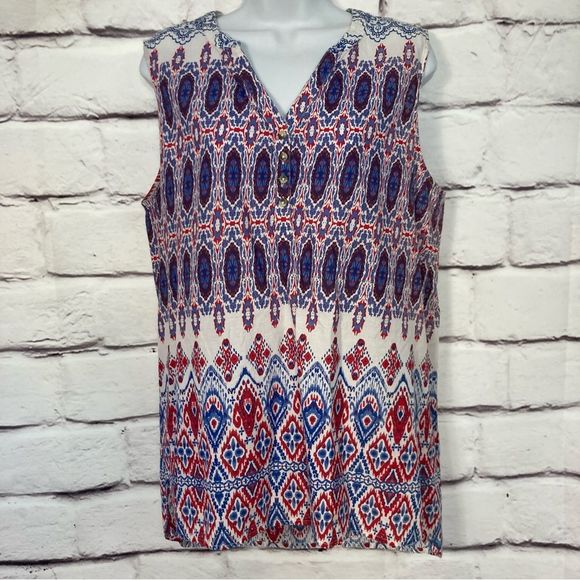 Basic Editions Red White and Blue Bohemian Print Loose Tank Size M Cotton SZ M - Picture 1 of 7